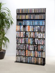 Multimedia Shelving Unit, Slim Profile, Extended Base for Stability in Black
