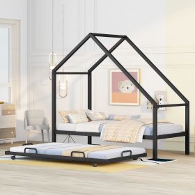 Metal House Bed With Trundle, Twin Size House Bed Black