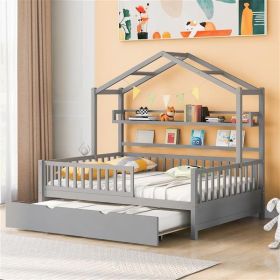 Wooden Full Size House Bed with Twin Size Trundle,Kids Bed with Shelf, Gray