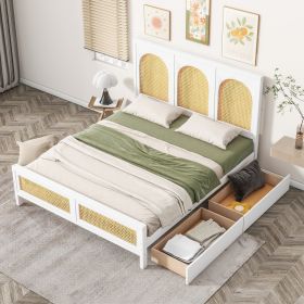 Full Size Wood Storage Platform Bed with 2 Drawers, Rattan Headboard and Footboard, White