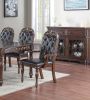 Majestic Formal Set of 2 Arm Chairs Brown Finish Rubberwood Dining Room Furniture Intricate Design Cushion Upholstered Seat Tufted Back