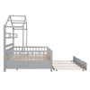 Wooden Full Size House Bed with Twin Size Trundle,Kids Bed with Shelf, Gray