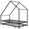 Metal House Bed With Trundle, Twin Size House Bed Black