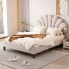 Full Size Upholstered Platform Bed with Flower Pattern Velvet Headboard, Beige