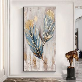 Hand Painted Original Animal Feather Oil Painting On Canvas Abstract Blue And Gold Feather Canvas Wall Art Modern Minimalist Artwork For Living Room (size: 120x240cm)