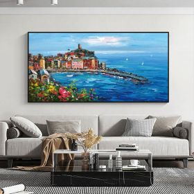 Hand Painted Original Mediterranean Landscape Oil Painting On Canvas Impressionist Mediterranean-Sea Canvas Art Textured Coastal Wall Art For Bedroom (size: 60x120cm)
