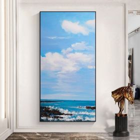 Hand Painted Large Original Seascape Canvas Wall Art Impressionist Sky And Clouds Oil Painting On Canvas Modern Coastal Wall Art For Living Room (size: 70x140cm)