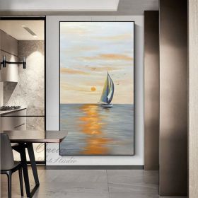Hand Painted Original Seascape Oil Painting On Canvas Abstract Sunrise Landscape Painting Modern Ocean And Sailboat Canvas Wall Art Nautical Wall Art (size: 60x120cm)