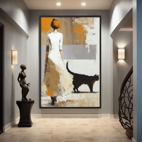 Hand Painted Woman And Cat Abstract Oil Painting Cat Poster Abstract Wall Art Cat Art Woman Figure Painting Feminine Art Black Cat Minimalist Art (size: 50x70cm)