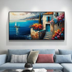 Hand Painted Original Seaside Mediterranean Oil Painting On Canvas Large Wall Art Abstract Blue Seascape Art Custom Painting Living Room Home Decor (size: 60x120cm)