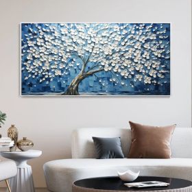 Handmade Oil Painting Tree On Canvas Original Abstract Tree Of Life Wall Art White Flower Nature Home Decor Gift For Friend Palette Knife Painting (size: 70x140cm)
